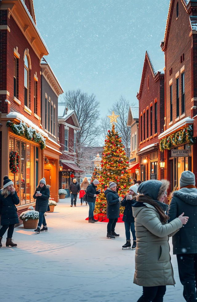 A serene modern small town in Indiana during Christmas winter, featuring picturesque snow-covered streets adorned with twinkling holiday lights