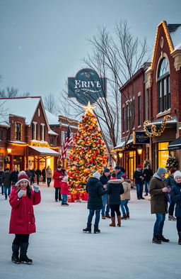 A serene modern small town in Indiana during Christmas winter, featuring picturesque snow-covered streets adorned with twinkling holiday lights