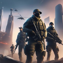 A high-quality digital art piece depicting the German Army in the style of the video game, Watch Dogs, with soldiers in modern military uniforms and high-tech gear against a futuristic cityscape