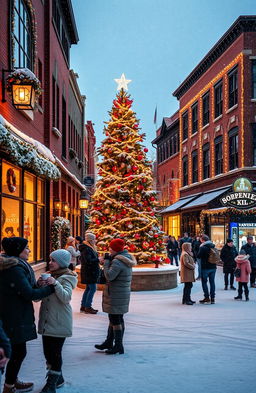 A serene modern small town in Indiana during Christmas winter, featuring picturesque snow-covered streets adorned with twinkling holiday lights