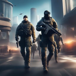 A high-quality digital art piece depicting the German Army in the style of the video game, Watch Dogs, with soldiers in modern military uniforms and high-tech gear against a futuristic cityscape