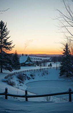 A serene Indiana landscape in winter during Christmas, featuring a snow-covered countryside with gently rolling hills, evergreen trees adorned with twinkling lights, a cozy farmhouse with smoke curling from the chimney, and a peaceful frozen pond reflecting the soft pastel colors of the sunset sky