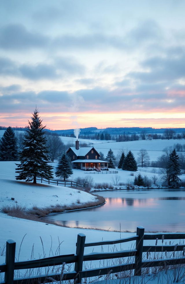 A serene Indiana landscape in winter during Christmas, featuring a snow-covered countryside with gently rolling hills, evergreen trees adorned with twinkling lights, a cozy farmhouse with smoke curling from the chimney, and a peaceful frozen pond reflecting the soft pastel colors of the sunset sky