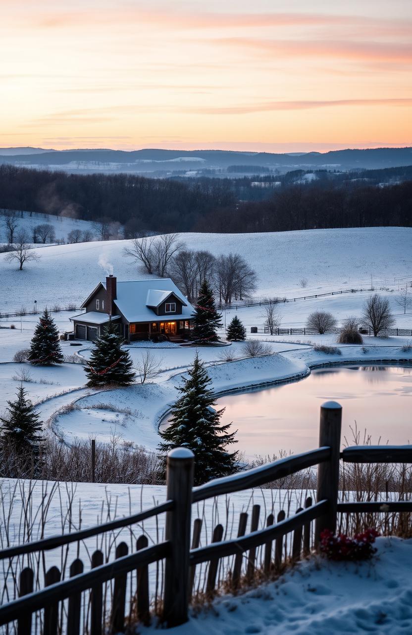 A serene Indiana landscape in winter during Christmas, featuring a snow-covered countryside with gently rolling hills, evergreen trees adorned with twinkling lights, a cozy farmhouse with smoke curling from the chimney, and a peaceful frozen pond reflecting the soft pastel colors of the sunset sky