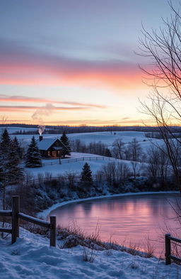 A serene Indiana landscape in winter during Christmas, featuring a snow-covered countryside with gently rolling hills, evergreen trees adorned with twinkling lights, a cozy farmhouse with smoke curling from the chimney, and a peaceful frozen pond reflecting the soft pastel colors of the sunset sky