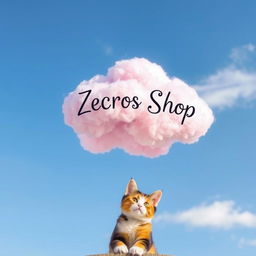 A whimsical pink cloud gently floating in a blue sky, adorned with the words 'Zecros Shop' elegantly written in a playful, artistic font