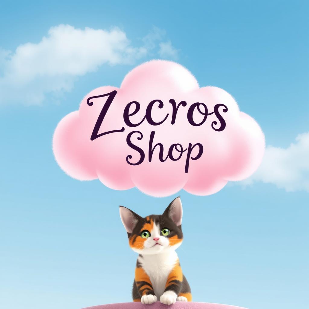 A whimsical pink cloud gently floating in a blue sky, adorned with the words 'Zecros Shop' elegantly written in a playful, artistic font