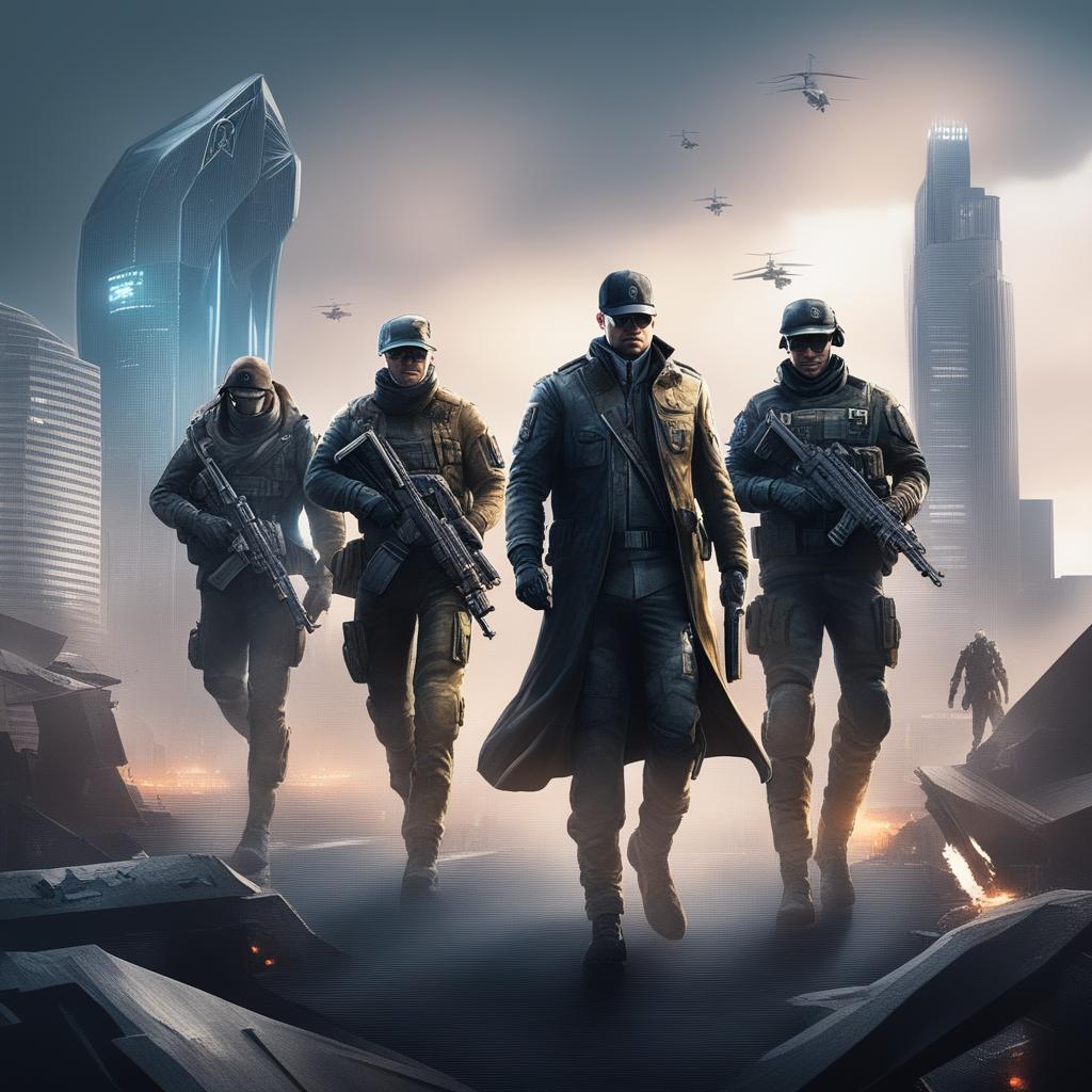 A high-quality digital art piece depicting the German Army in the style of the video game, Watch Dogs, with soldiers in modern military uniforms and high-tech gear against a futuristic cityscape