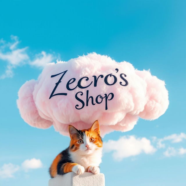 A whimsical pink cloud gently floating in a blue sky, adorned with the words 'Zecros Shop' elegantly written in a playful, artistic font