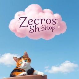 A whimsical pink cloud gently floating in a blue sky, adorned with the words 'Zecros Shop' elegantly written in a playful, artistic font