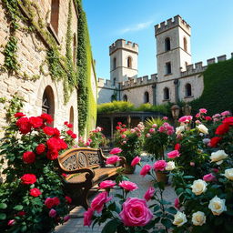 An enchanting outdoor courtyard of a grand castle filled with blooming roses in vibrant colors