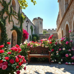 An enchanting outdoor courtyard of a grand castle filled with blooming roses in vibrant colors