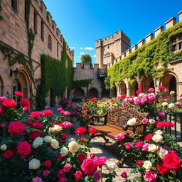 An enchanting outdoor courtyard of a grand castle filled with blooming roses in vibrant colors