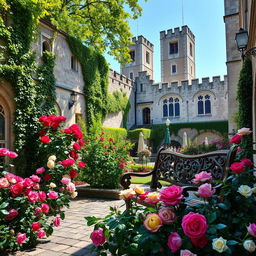 An enchanting outdoor courtyard of a grand castle filled with blooming roses in vibrant colors