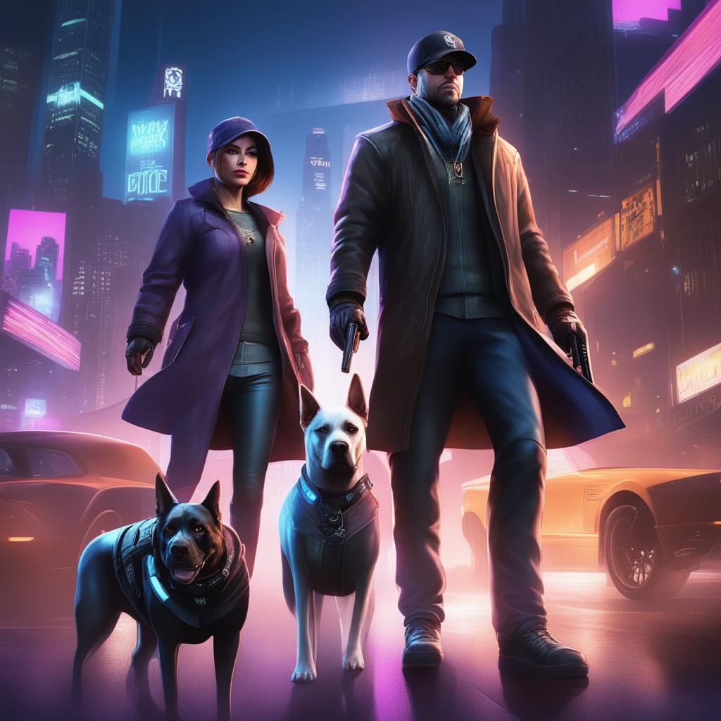 A high-quality digital art piece featuring the main characters from the video game, Watch Dogs, including Aiden Pearce, Clara Lille, and Jordi Chin, set against a neon-lit cityscape