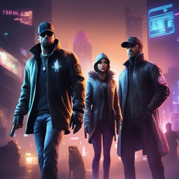 A high-quality digital art piece featuring the main characters from the video game, Watch Dogs, including Aiden Pearce, Clara Lille, and Jordi Chin, set against a neon-lit cityscape