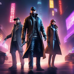 A high-quality digital art piece featuring the main characters from the video game, Watch Dogs, including Aiden Pearce, Clara Lille, and Jordi Chin, set against a neon-lit cityscape