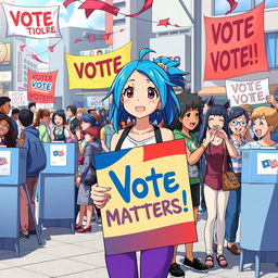 A vibrant anime scene depicting a group of diverse characters passionately engaging in a voting event