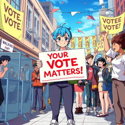 A vibrant anime scene depicting a group of diverse characters passionately engaging in a voting event