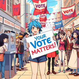 A vibrant anime scene depicting a group of diverse characters passionately engaging in a voting event