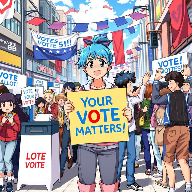 A vibrant anime scene depicting a group of diverse characters passionately engaging in a voting event