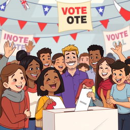 An animated scene depicting a diverse group of people happily casting their votes into a ballot box, showcasing a mix of genders and ages