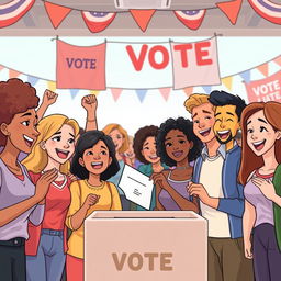An animated scene depicting a diverse group of people happily casting their votes into a ballot box, showcasing a mix of genders and ages
