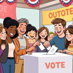 An animated scene depicting a diverse group of people happily casting their votes into a ballot box, showcasing a mix of genders and ages
