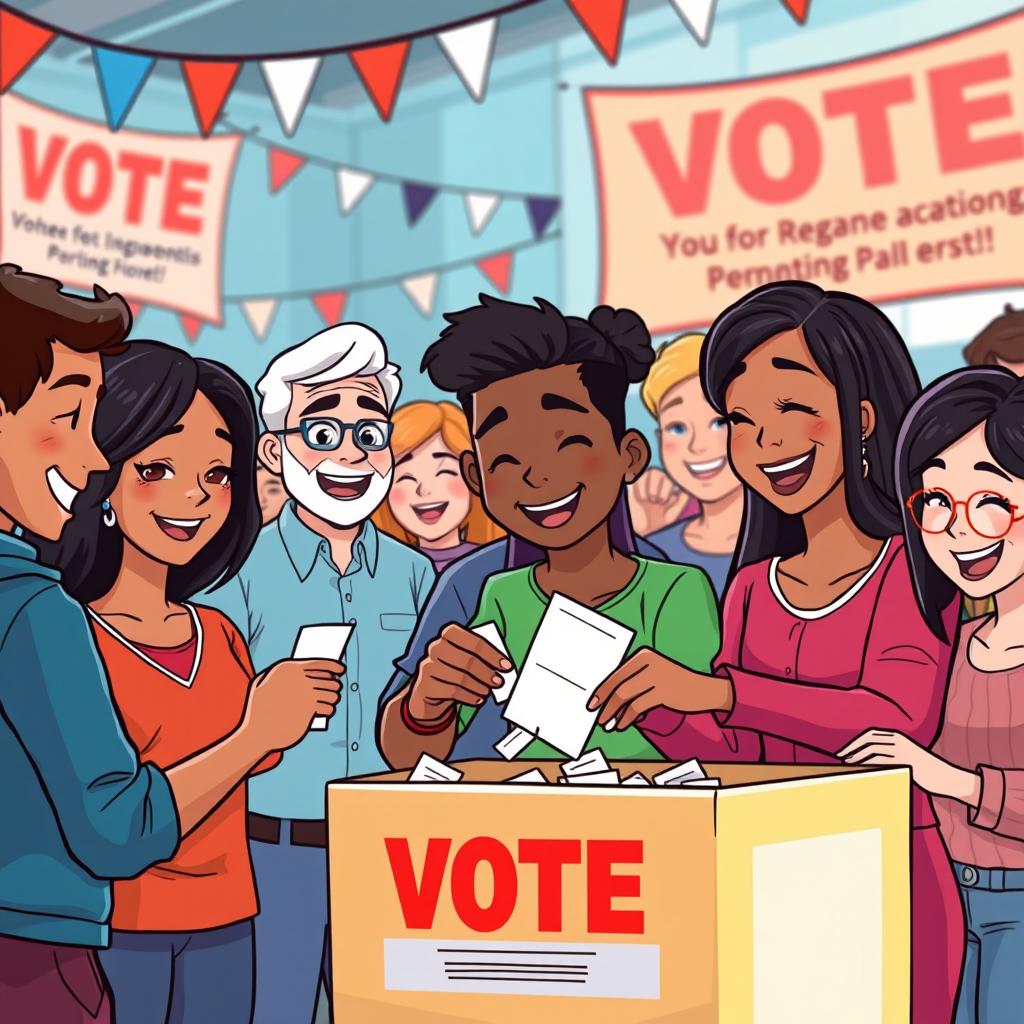 An animated scene depicting a diverse group of people happily casting their votes into a ballot box, showcasing a mix of genders and ages