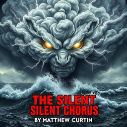 An imposing and angry face formed from swirling storm clouds, with intense lightning bolts emanating from its features, glaring down at a violent stormy sea