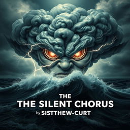 An imposing and angry face formed from swirling storm clouds, with intense lightning bolts emanating from its features, glaring down at a violent stormy sea