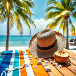 A vibrant summer scene featuring a stylish straw hat placed elegantly on a wooden table adorned with a colorful beach towel
