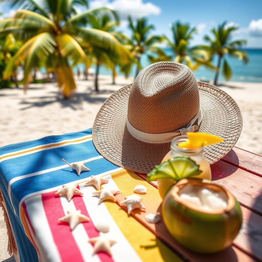 A vibrant summer scene featuring a stylish straw hat placed elegantly on a wooden table adorned with a colorful beach towel