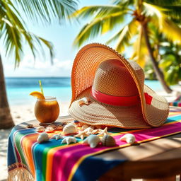 A vibrant summer scene featuring a stylish straw hat placed elegantly on a wooden table adorned with a colorful beach towel