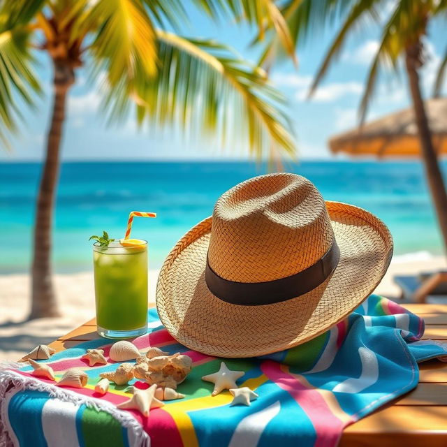 A vibrant summer scene featuring a stylish straw hat placed elegantly on a wooden table adorned with a colorful beach towel