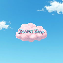 A whimsical pink cloud gently floating in a bright blue sky, featuring the words 'Zecros Shop' elegantly written in a playful, artistic anime-style font on top of the cloud
