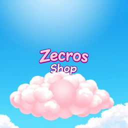 A whimsical pink cloud gently floating in a bright blue sky, featuring the words 'Zecros Shop' elegantly written in a playful, artistic anime-style font on top of the cloud