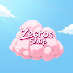 A whimsical pink cloud gently floating in a bright blue sky, featuring the words 'Zecros Shop' elegantly written in a playful, artistic anime-style font on top of the cloud