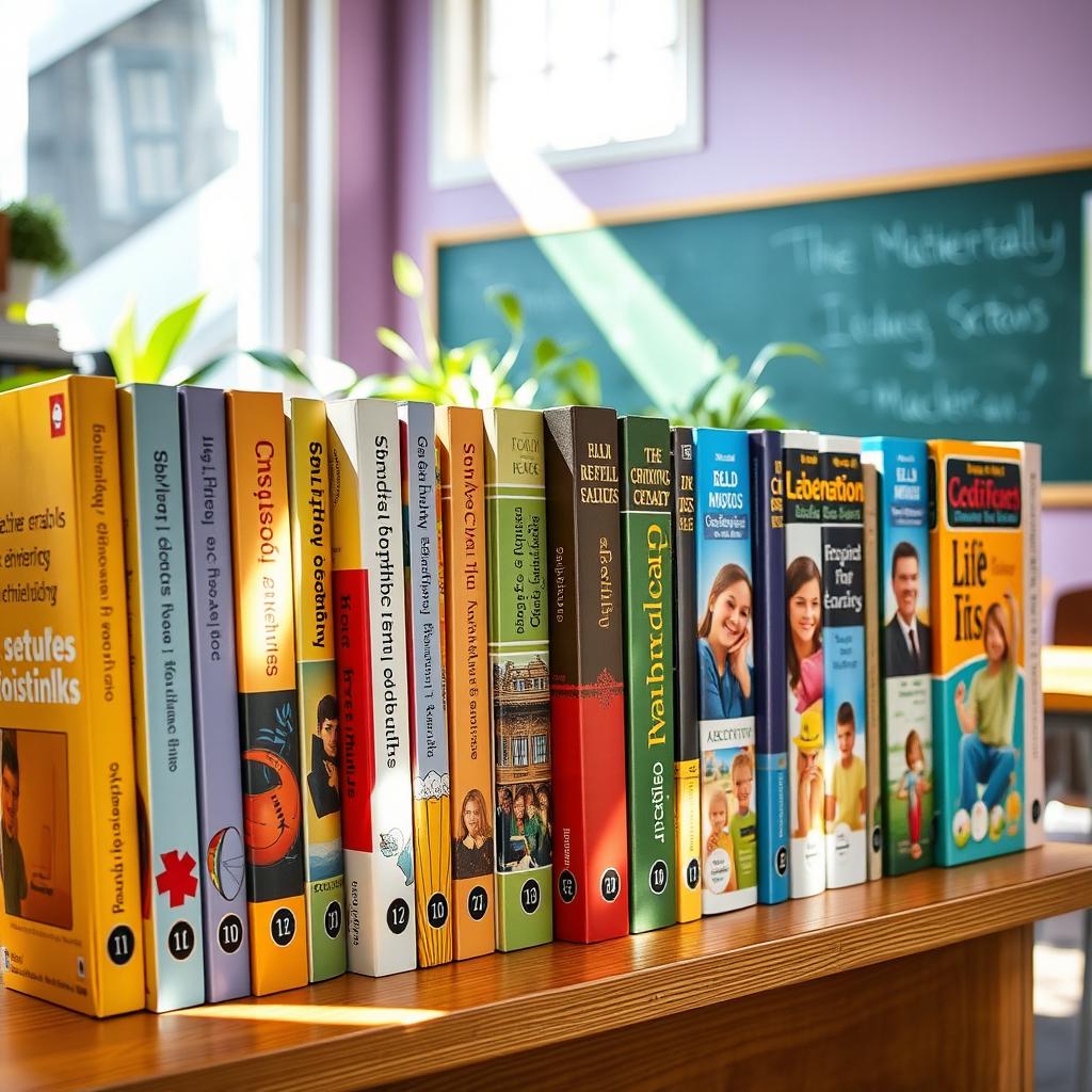 A collection of colorful, well-organized textbooks arranged neatly on a wooden shelf in a vibrant classroom setting