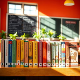 A collection of colorful, well-organized textbooks arranged neatly on a wooden shelf in a vibrant classroom setting
