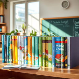 A collection of colorful, well-organized textbooks arranged neatly on a wooden shelf in a vibrant classroom setting