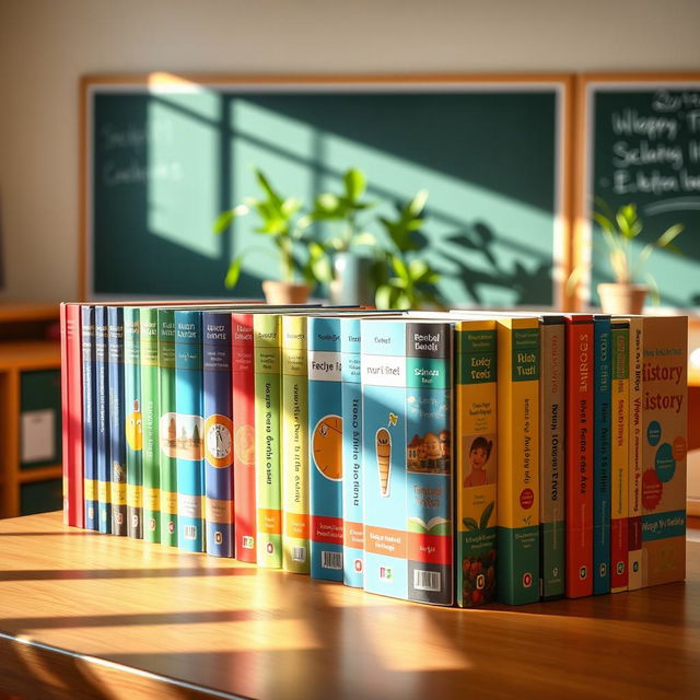 A collection of colorful, well-organized textbooks arranged neatly on a wooden shelf in a vibrant classroom setting