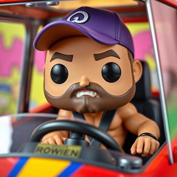 A Funko Pop figurine of a muscular 30-year-old man wearing a cap and sporting a beard, confidently sitting in a stylish vehicle