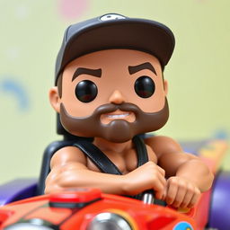 A Funko Pop figurine of a muscular 30-year-old man wearing a cap and sporting a beard, confidently sitting in a stylish vehicle