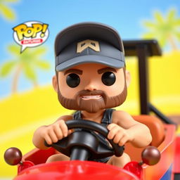 A Funko Pop figurine of a muscular 30-year-old man wearing a cap and sporting a beard, confidently sitting in a stylish vehicle