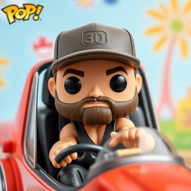 A Funko Pop figurine of a muscular 30-year-old man wearing a cap and sporting a beard, confidently sitting in a stylish vehicle