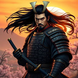 A majestic samurai in traditional armor, standing tall with a katana drawn at sunset