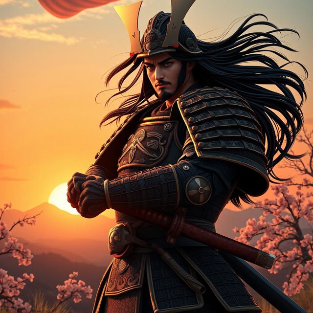 A majestic samurai in traditional armor, standing tall with a katana drawn at sunset