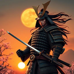 A majestic samurai in traditional armor, standing tall with a katana drawn at sunset
