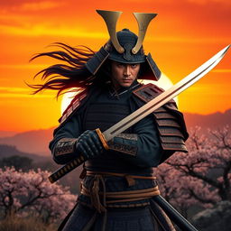 A majestic samurai in traditional armor, standing tall with a katana drawn at sunset